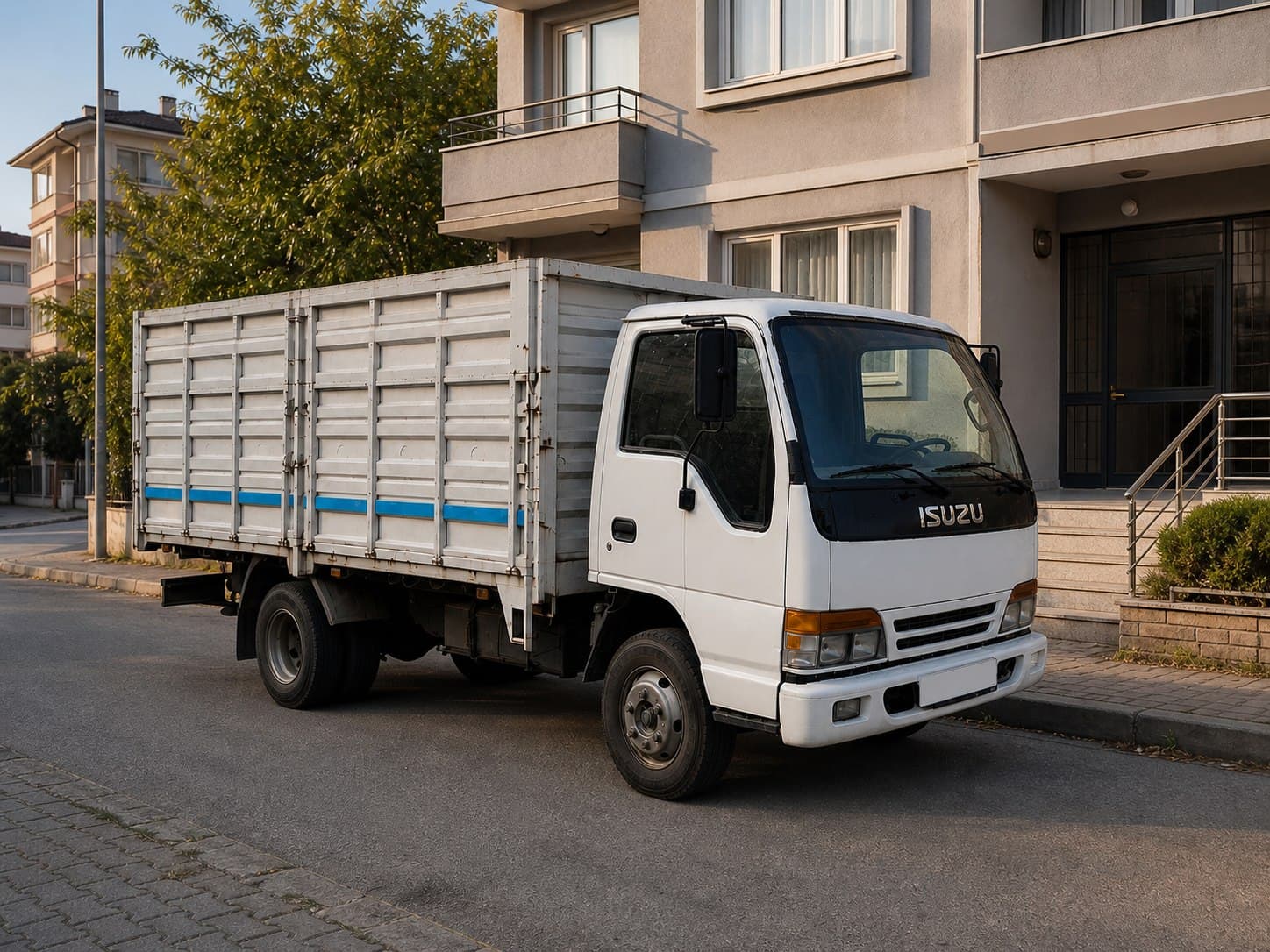 Teslimat adresindeki apartmanın önünde duran Deniz 7 Nakliyat kamyoneti